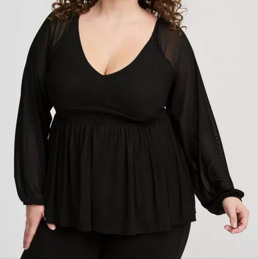 Torrid Deep Black Stretch Mesh V-Neck Smocked Waist Babydoll Top Size 1X